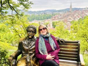 Author with a statue of Albert Einstein in Berm, Switzerland.