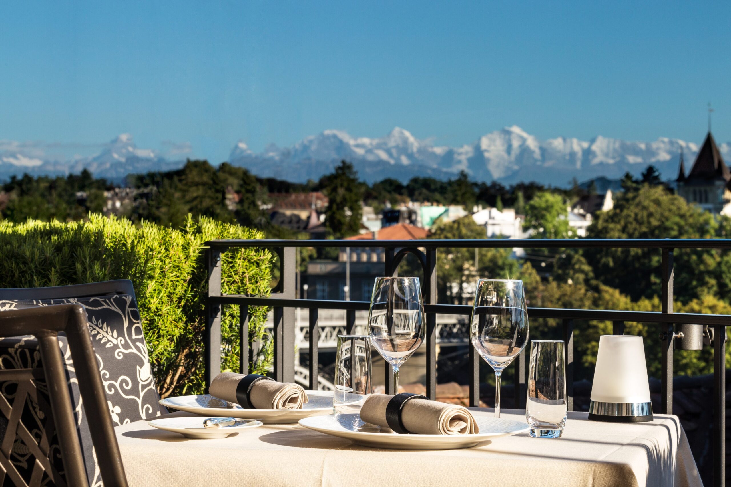 View of the River Aare from the Bellevue Palace Hoel in Bern Switzerland