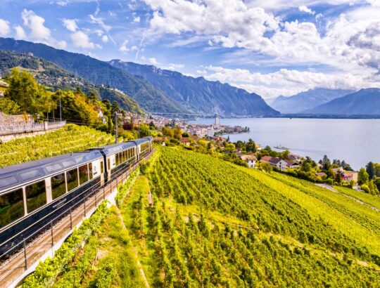 A Golden Pass Express train heads to Montreux.
