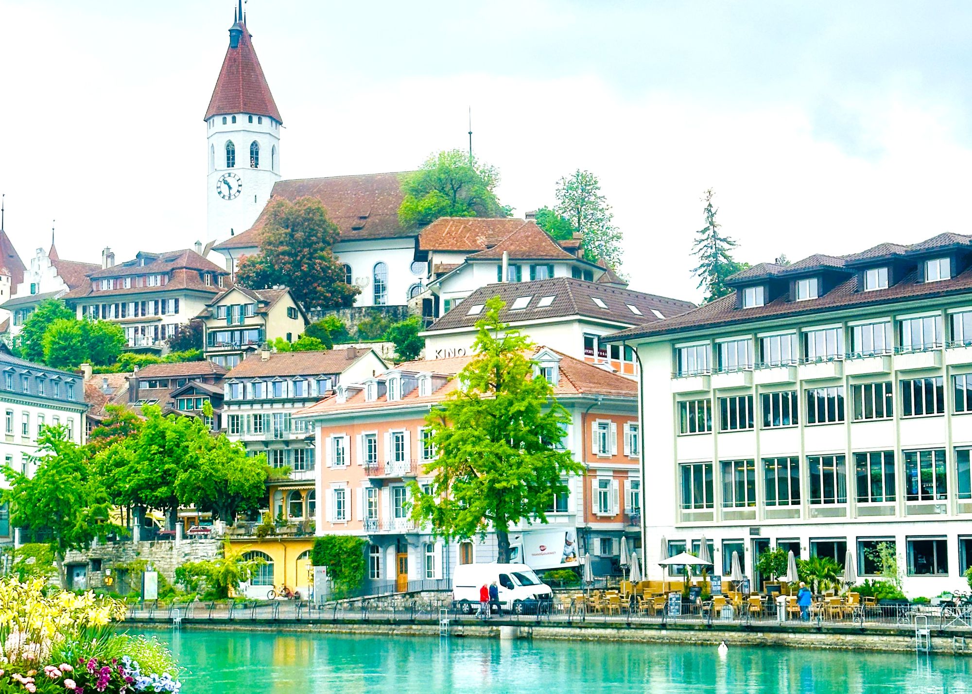 Walkway along the River Aare offers views of the Old City and the church.
