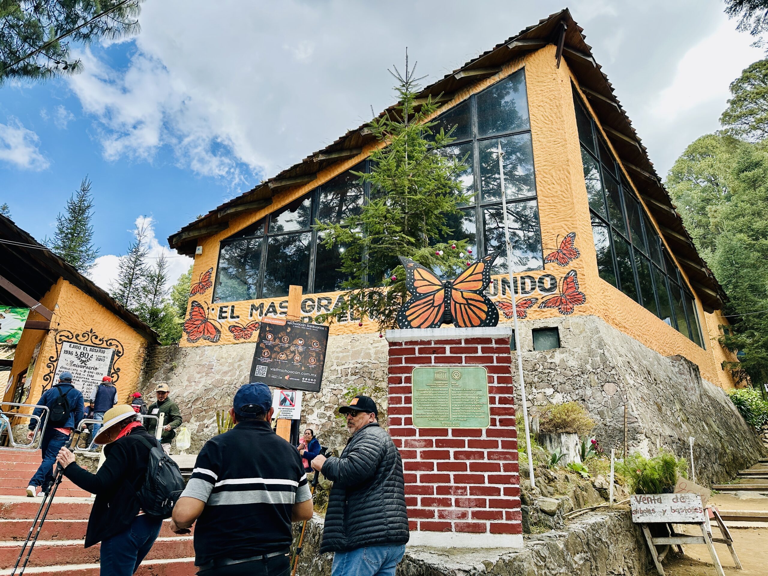 Visitors arriving at El Rosario, a butterfly sanctuary in the monarch reserve.