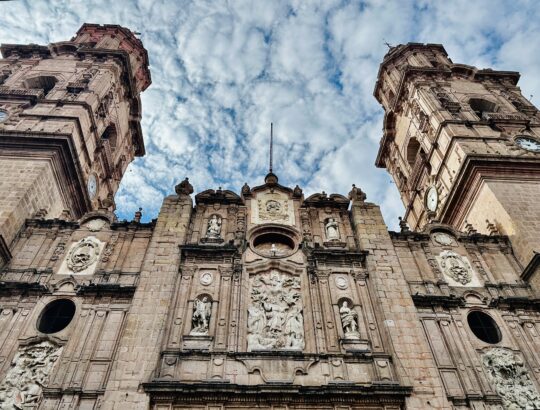 Looking up at the twin towers of the Morelia Cathedral.