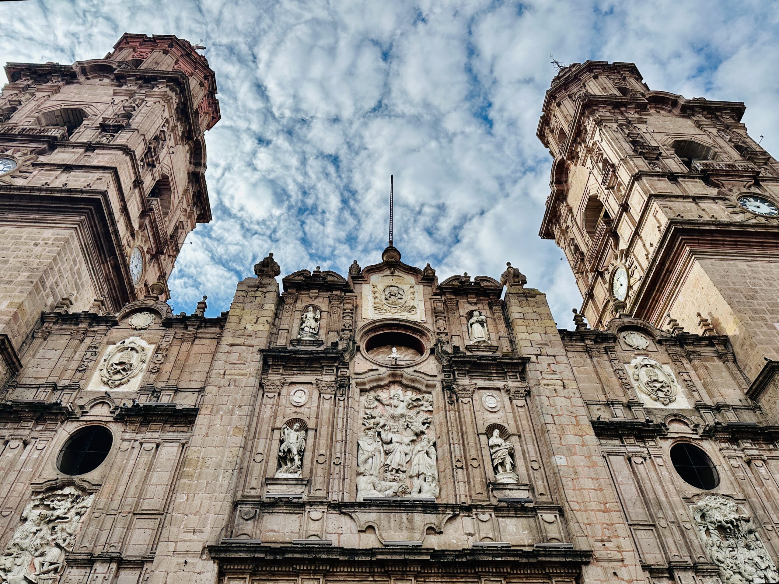 Looking up at the twin towers of the Morelia Cathedral.