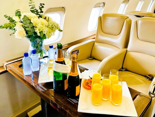 Mimosas welcome guests on a Cirrus Aviation flight to Dallas from Austin.